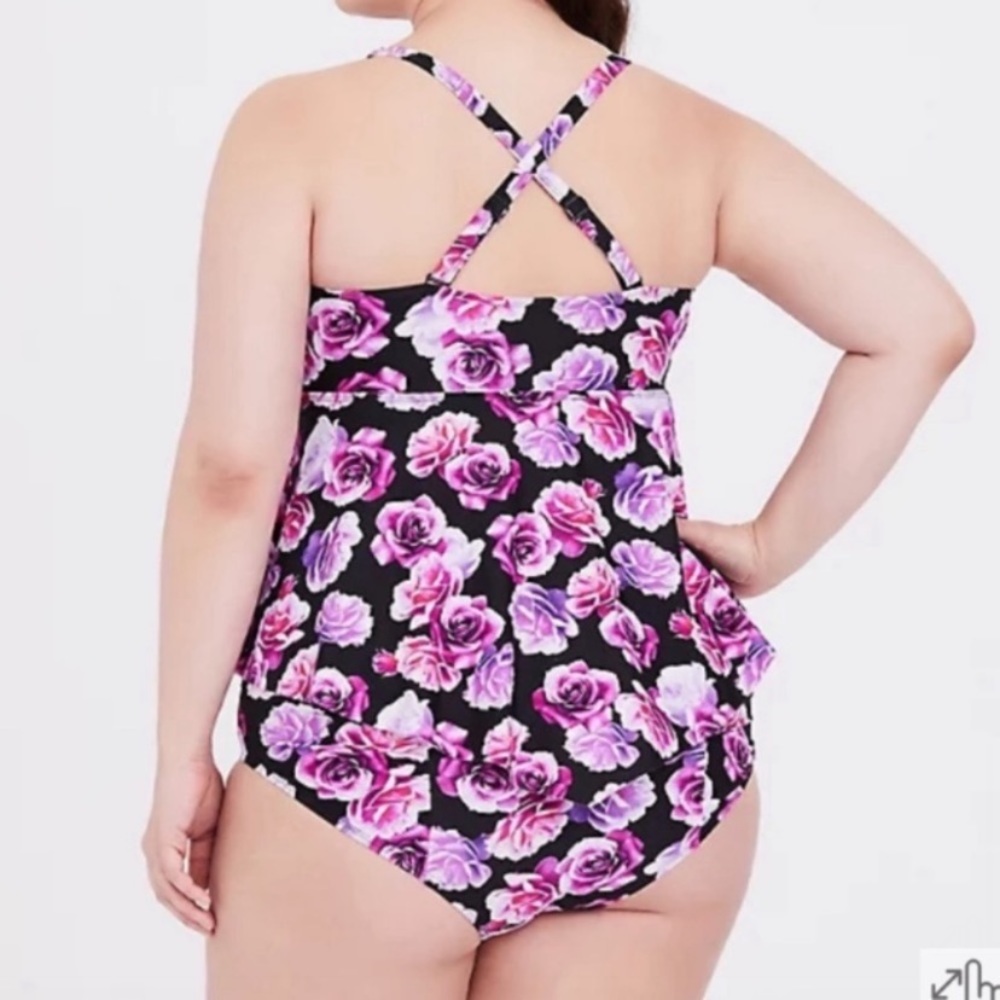 Torrid Pink & Purple Roses Black Tankini & Ruched Bottoms 2pc Swimsuit SET 1X - Picture 7 of 12